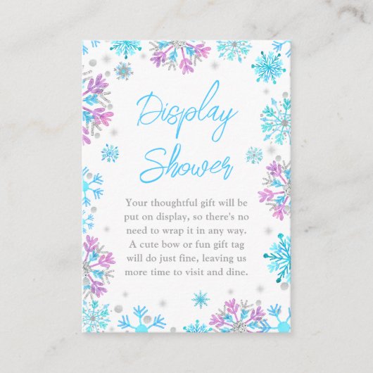 紫と青の雪片の冬のディスプレイシャワー エンクロージャーカード (正面)