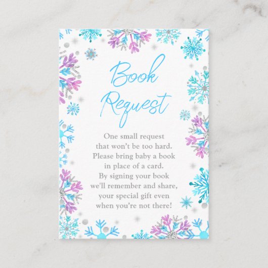 紫と青の雪片の冬のブックリクエスト エンクロージャーカード (正面)