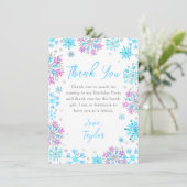 紫と青の雪片の冬の誕生日パーティー サンキューカード (スタンド正面)