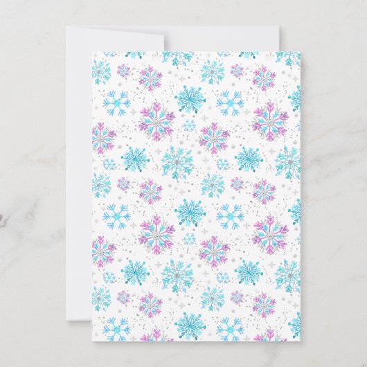 紫と青の雪片の冬の誕生日パーティー サンキューカード (裏面)