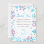 紫と青の雪片の冬の赤ちゃんシャワー サンキューカード (正面)