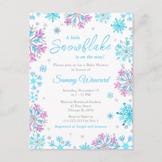 紫と青の雪片の冬の赤ちゃんシャワー ポストカード (正面)