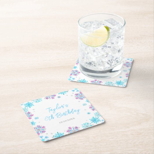 紫と青の雪片の誕生日パーティー スクエアペーパーコースター (インサイチュ)