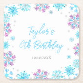 紫と青の雪片の誕生日パーティー スクエアペーパーコースター (正面)