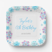 紫と青の雪片の誕生日パーティー ペーパープレート (正面)