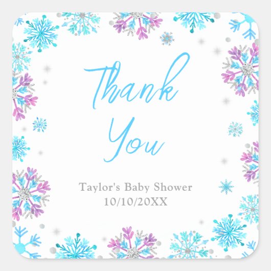 紫と青の雪片ベビーシャワーありがとう スクエアシール (正面)