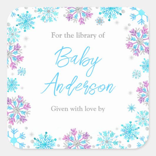 紫と青の雪片ベビーシャワー蔵書票 スクエアシール (正面)