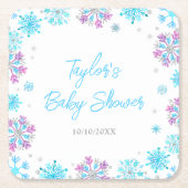 紫と青の雪片ベビーシャワー スクエアペーパーコースター (正面)