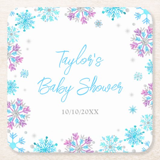 紫と青の雪片ベビーシャワー スクエアペーパーコースター (正面)