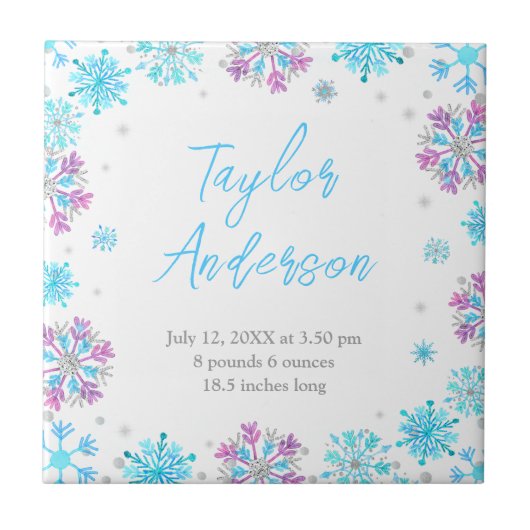 紫と青の雪片ベビー誕生統計 タイル (正面)