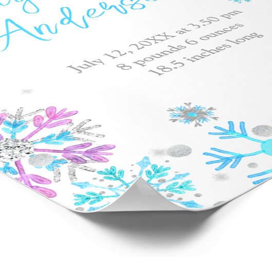 紫と青の雪片ベビー誕生統計 ポスター (角)