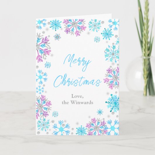 紫と青の雪片メリークリスマス シーズンカード (正面)