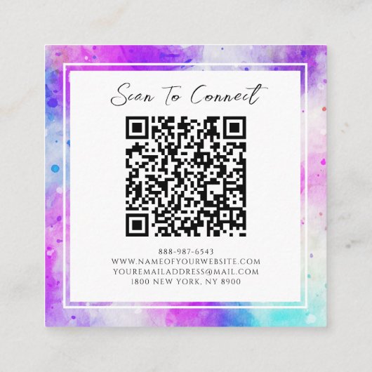 紫と青のQrコードカラフル水色パターン スクエア名刺 (裏面)