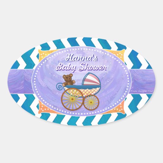 紫と青シェブロンのカスタム赤ちゃんシャワー 楕円形シール (正面)