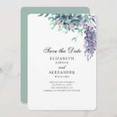 紫と青緑の結婚式。花のデザインの結婚式の案内 招待状 (正面/裏面)