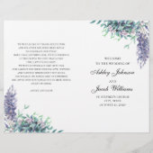 紫と青緑の花。 折り畳まれた結婚式のプログラム (正面)