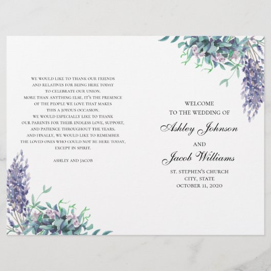 紫と青緑の花。 折り畳まれた結婚式のプログラム (正面)