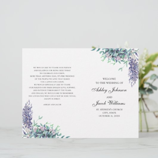 紫と青緑の花。 折り畳まれた結婚式のプログラム (スタンド正面)