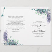 紫と青緑の花。 折り畳まれた結婚式のプログラム (正面/裏面)