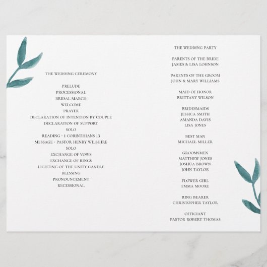 紫と青緑の花。 折り畳まれた結婚式のプログラム (裏面)