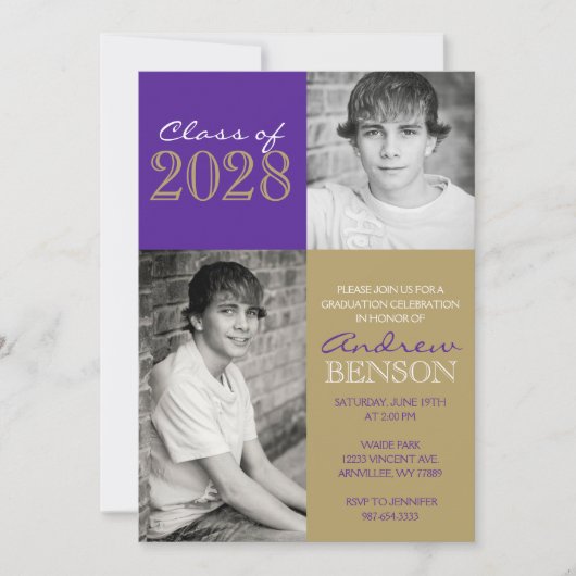 紫と青銅の金ゴールドクラシック2写真卒業 招待状 (正面)