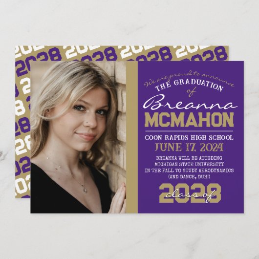 紫と青銅の金ゴールド卒業写真のお知らせ 招待状 (正面/裏面)