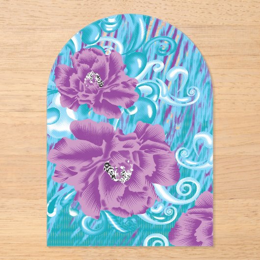 紫と鮮やかタークを使った織物デザイン アクリル招待状 (正面)