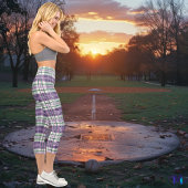 紫と鮮やか緑のスコットランドのタータンチェックパターン カプリレギンス