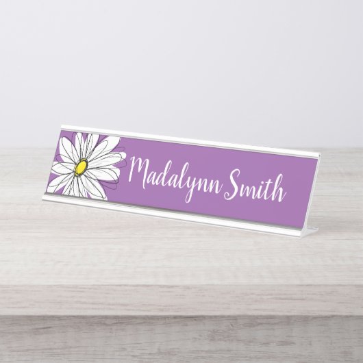 紫と黄のお洒落デイジーカスタム文字 デスクネームプレート (正面)
