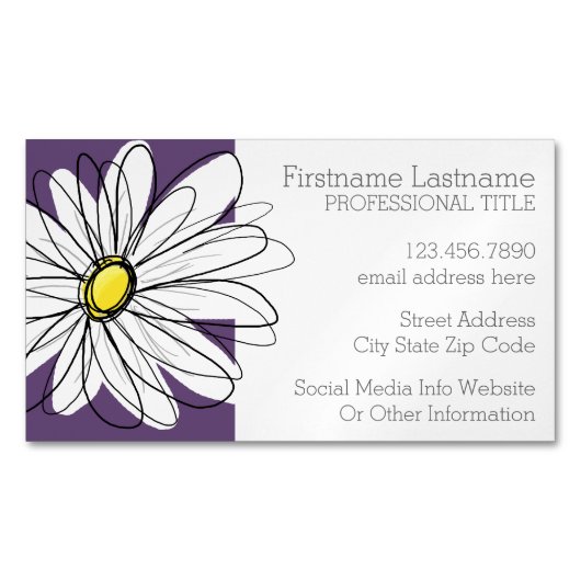 紫と黄のお洒落デイジーカスタム文字 マグネット名刺 (正面)