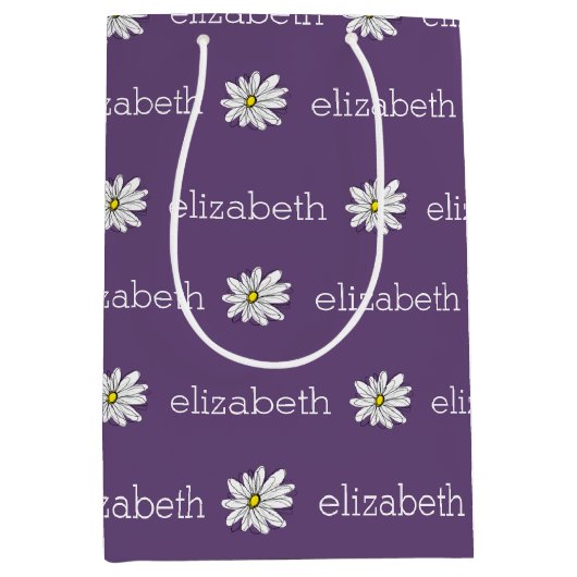 紫と黄のお洒落デイジーカスタム文字 ミディアムペーパーバッグ (正面)