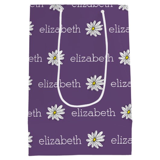 紫と黄のお洒落デイジーカスタム文字 ミディアムペーパーバッグ (裏面)