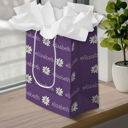 紫と黄のお洒落デイジーカスタム文字 ミディアムペーパーバッグ