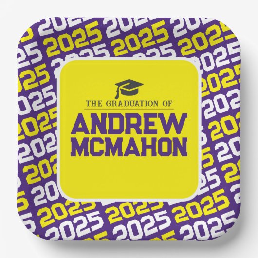 紫と黄のパーソナライズされた卒業 ペーパープレート (正面)