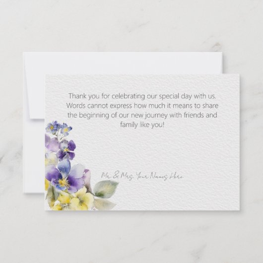 紫と黄のフローラモダン結婚の サンキューカード (裏面)