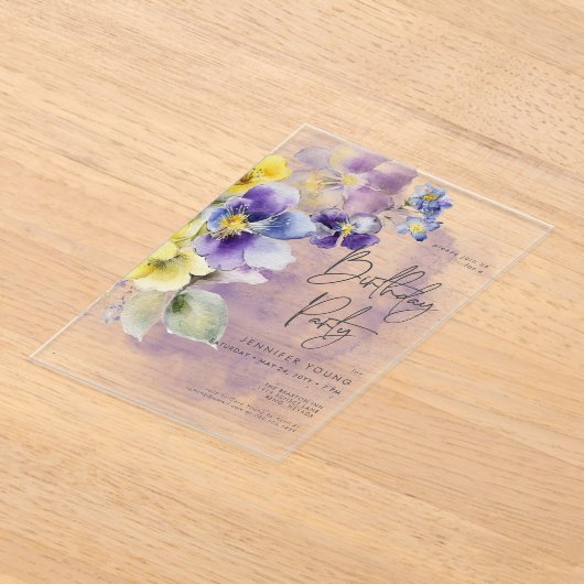 紫と黄のフローラモダン誕生日 アクリル招待状 (レイダウン)