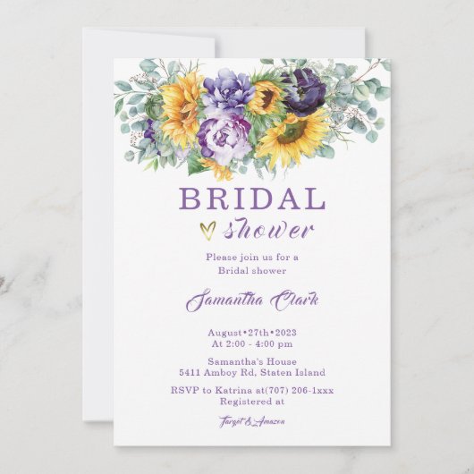 紫と黄のブライダルシャワー 招待状 (正面)