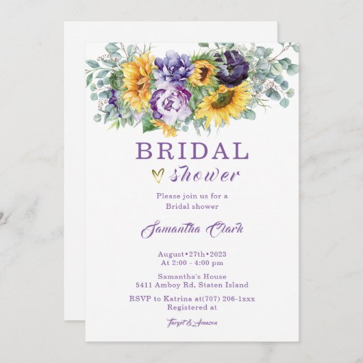 紫と黄のブライダルシャワー 招待状 (正面/裏面)