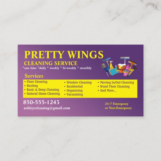 紫と黄の清掃サービスの名刺 名刺 (正面)