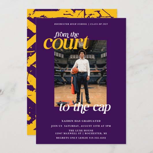 紫と黄色のアスリートバスケットボール卒業 招待状 (正面/裏面)