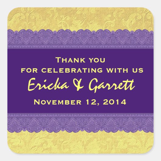 紫と黄色のダマスクありがとう結婚R322 スクエアシール (正面)