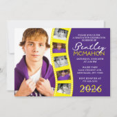 紫と黄色のフォトフィルムストリップ卒業コラージュ 招待状 (正面)