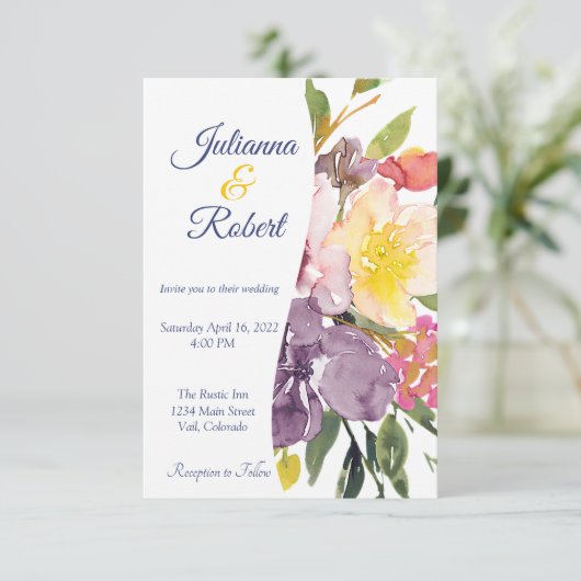 紫と黄色のフローラ予算結婚額 招待状 (スタンド正面)