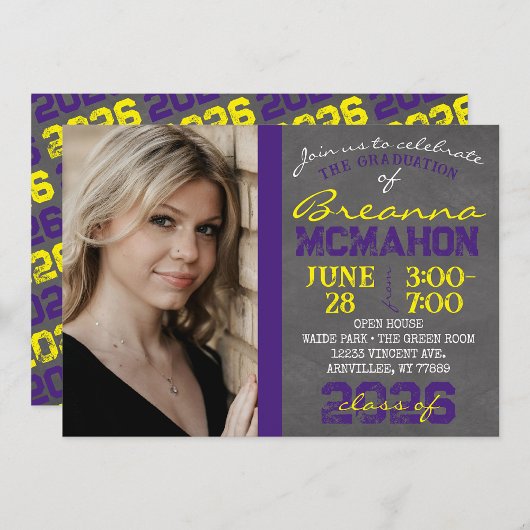 紫と黄色のモダン黒板卒業 招待状
