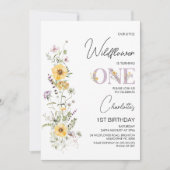 紫と黄色のワイルドフラワーのブーケ 1歳の誕生日 招待状 (正面)