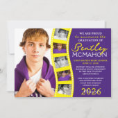 紫と黄色の写真フィルムストリップのグラード発表 招待状 (正面)