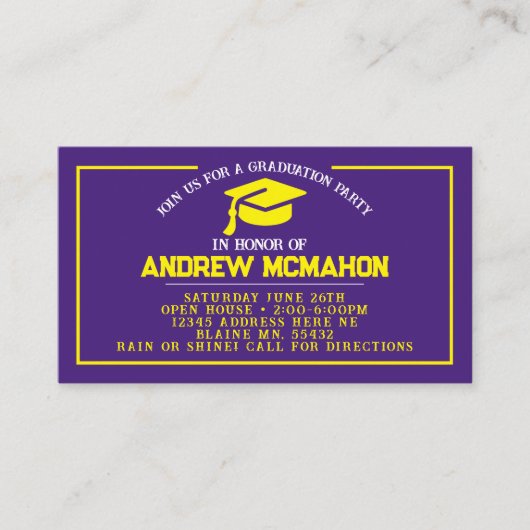 紫と黄色の卒業ミニ卒業招待状 名刺 (正面)