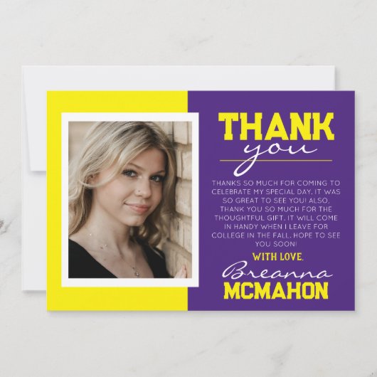 紫と黄色の卒業写真サンキューカード 招待状 (正面)