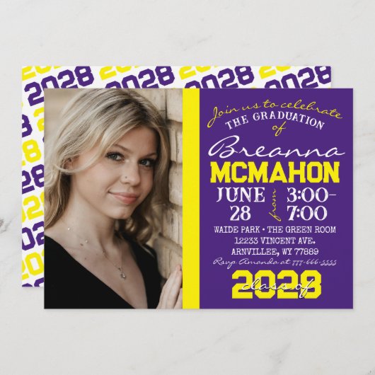 紫と黄色の卒業写真招待状 招待状 (正面/裏面)