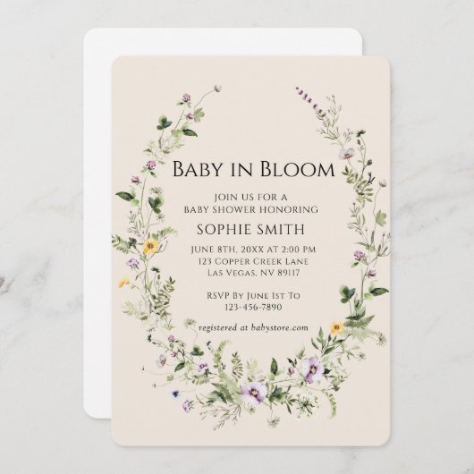 紫と黄色の小さな一開花赤ちゃんシャワー 招待状 (正面/裏面)